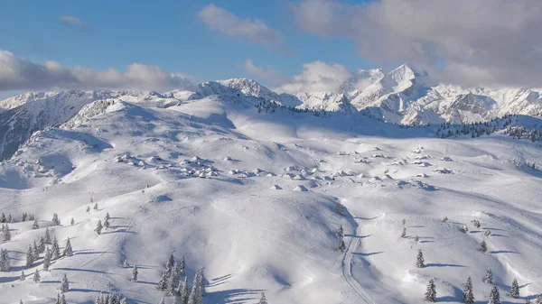 AERIAL: Verse sneeuw bedekt de bergen en het landelijke landschap van Velika Planina. — Stockfoto