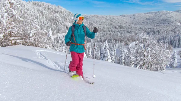 FERMER : Ski de randonnée féminin dans les Alpes juliennes monte une colline enneigée. — Photo
