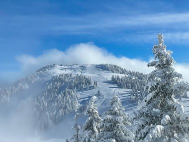 DRONE: Scenic view of the groomed slopes of a ski resort soaring into sunny sky. clipart
