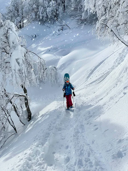 垂直：适合妇女在雪地探险雪鞋上山的小径. — 图库照片
