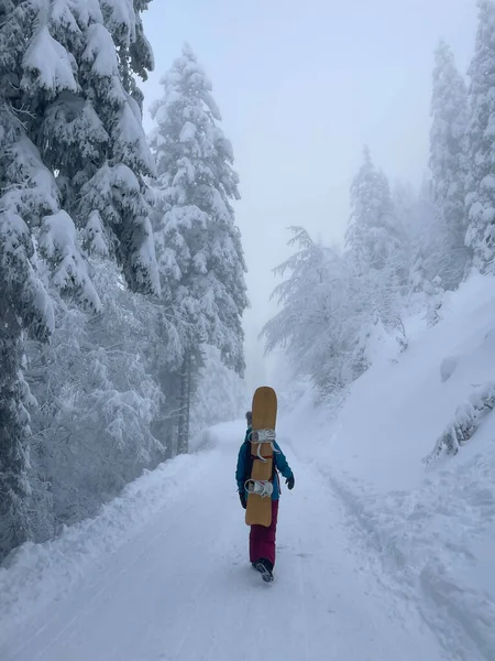 VERTICAL: Caminatas irreconocibles por un camino vacío con snowboard en la espalda. — Foto de Stock