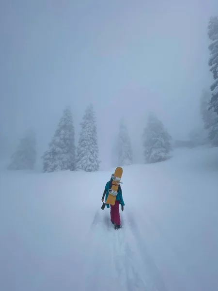 VERTICAL: Joven snowboarder sube una colina cubierta de nieve fresca en polvo. — Foto de Stock