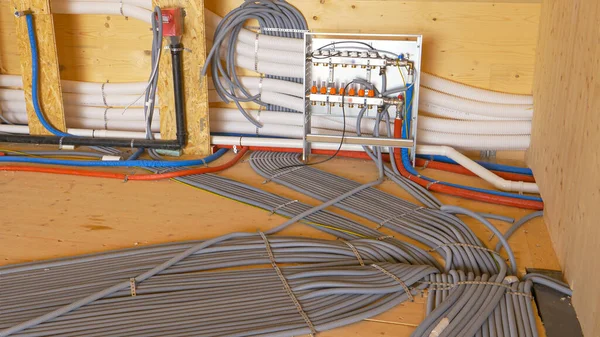 CLOSE UP: Shot of intricate utility network of a low energy housing project. — Stock Photo, Image