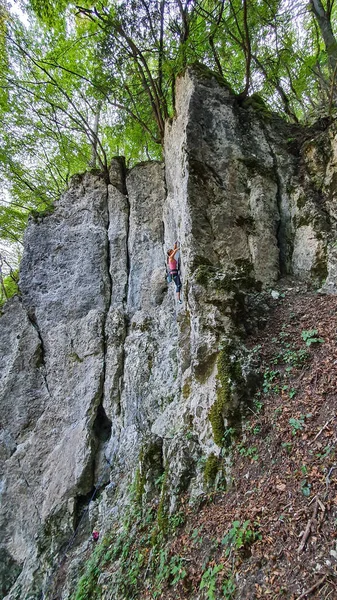 VERTICAL: Spettacolare scatto di un arrampicatore di corda superiore che scala una falesia impegnativa. — Foto Stock