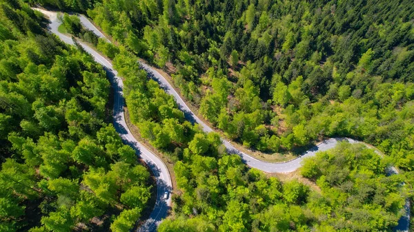 AERIAL: Volando por encima de una carretera de retorno que atraviesa un bosque verde idílico. — Foto de Stock