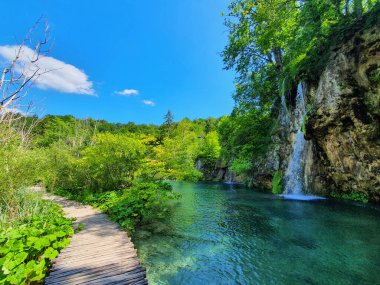 Boş sahil yolu manzaralı Plitvice Ulusal Parkı 'nda küçük bir şelalenin yanından geçiyor.