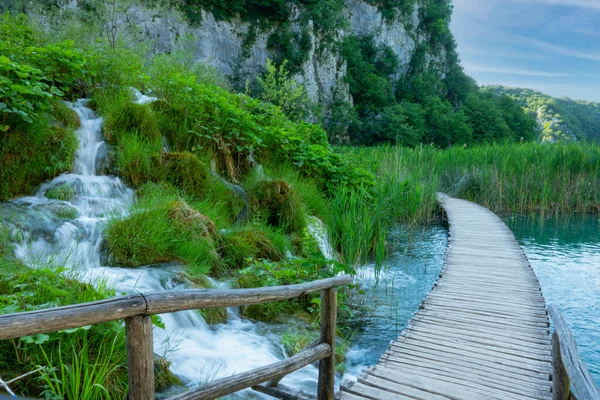 Empty boardwalk crossing a colorful lake in Plitvice runs past a glassy river. — Stock Photo, Image