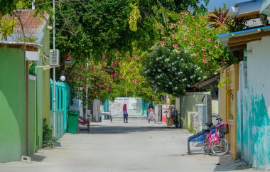 Maldivler 'de ücra bir tropikal adada kırsal bir caddenin manzarası.