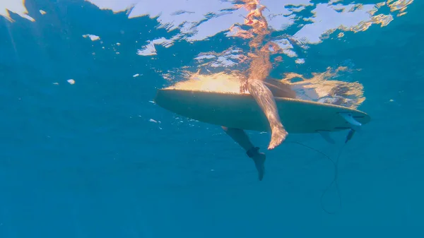 Underwater: Αθλητική γυναίκα σε ταξίδι surfing κάθεται και στηρίζεται στη σανίδα του σερφ της. — Φωτογραφία Αρχείου