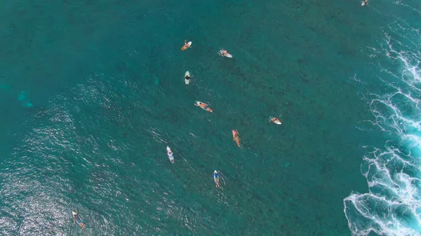 TOP DOWN: Group of friends on surfing trip in Maldives paddle out to the line up — Stock Photo, Image