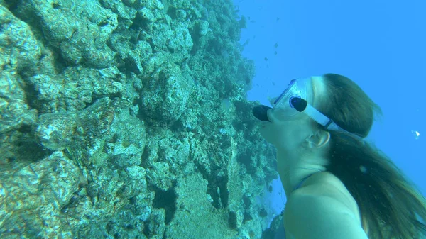 Underwater: Νεαρή γυναίκα σε καταδύσεις ψαροντούφεκο κατά μήκος ενός λευκασμένου κοραλλιογενή ύφαλο — Φωτογραφία Αρχείου