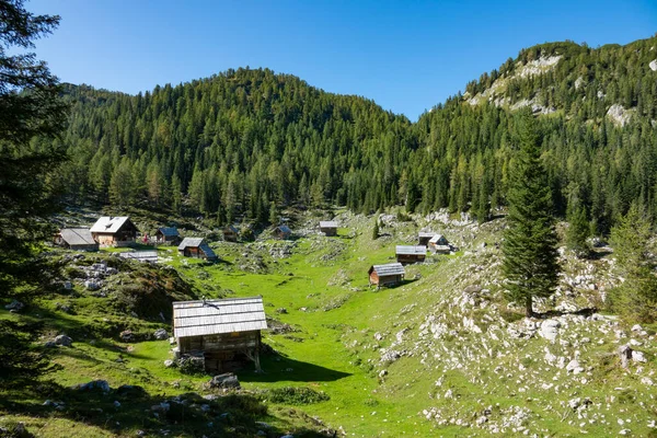 AERIAL: Vliegen naar een klein dal en mooie huisjes in de schilderachtige Juliaanse Alpen. — Stockfoto