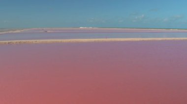 Genç bayan turist güneşli Yucatan 'ın ünlü pembe lagünlerini keşfediyor..