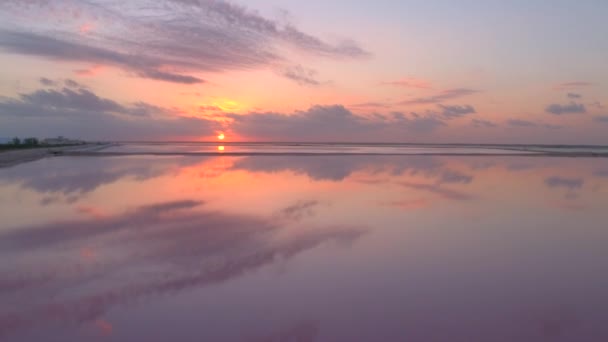 AÉRIAL : Vue pittoresque sur les champs de sel rose de Las Coloradas au coucher du soleil. — Video