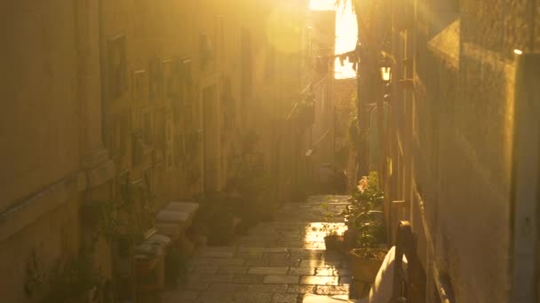 LENS FLARE: Goldener Sommersonnenuntergang erhellt antike mittelalterliche Küstenstadt. — Stockvideo