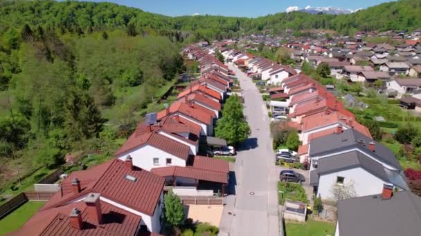 AERIAL: Rijtjeshuizen wemelen van de weelderige groene uitgestrektheid in Slovenië. — Stockvideo