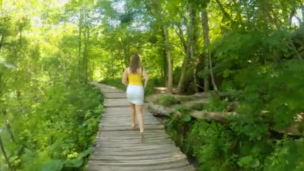 Viajante feminina caminha ao longo de um passeio no parque Plitvice em um dia ensolarado de verão. — Vídeo de Stock