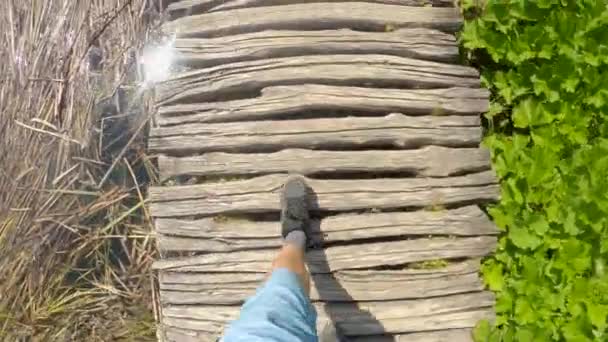 POV: взгляд на ноги во время прогулки по прогулочной дорожке в Плитвицком национальном парке — стоковое видео