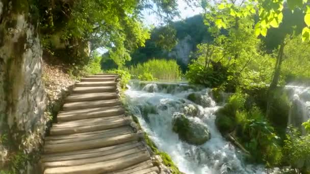 LENS FLARE: Drewniane schody prowadzą na szczyt słonecznego wodospadu w Plitwicach. — Wideo stockowe