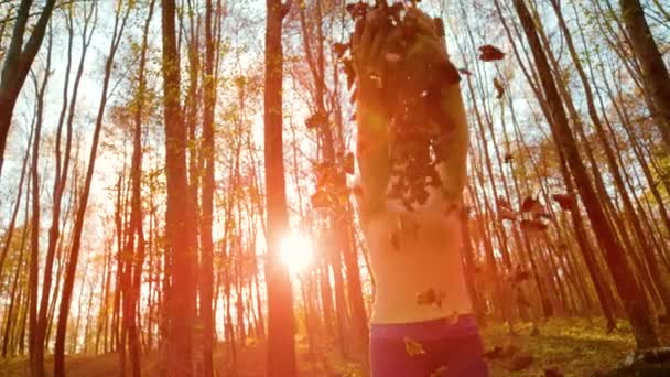 CLOSE UP: Female hiker plays with the crunchy fallen leaves on sunny evening. — Stock Video