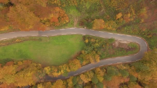 TOP DOWN: Vliegen boven een switchback weg kruising van de herfst gekleurde bos — Stockvideo