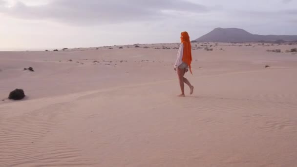 Woman walking through desert — Stock Video