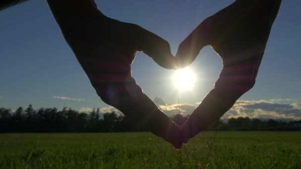 Mit herzförmigen Händen die Sonne einfangen — Stockvideo