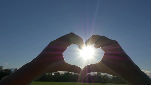 Catturare il sole nelle mani a forma di cuore — Video Stock