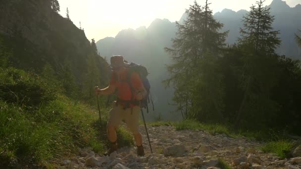 Hombre senderismo en las montañas — Vídeos de Stock