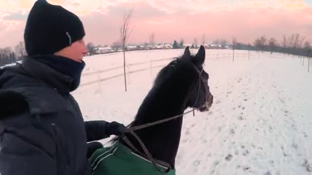 Joyeux jeune femme équitation — Video