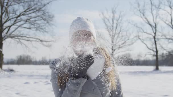 Mujer soplando nieve beso — Vídeos de Stock