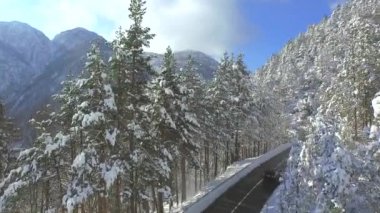 Karlı dağ yolda araba araba