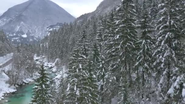 Rivier loopt door besneeuwde bergdal — Stockvideo