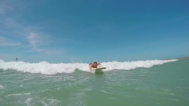 Young woman learning how to surf — Stockvideo