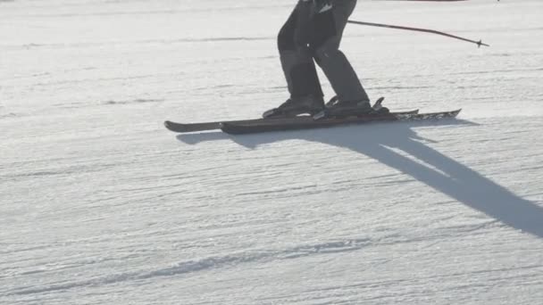 Sciatore sciare lungo la pista — Video Stock