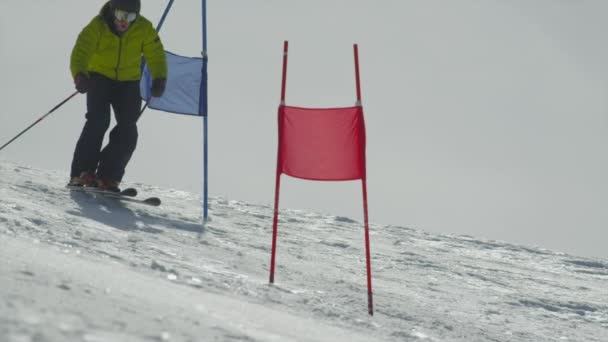 Slalomläuferin fährt zwischen den Toren Ski — Stockvideo