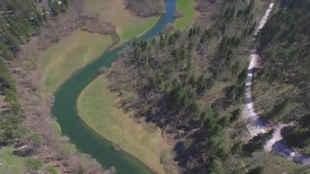 AERIAL: Політ над річкою, що проходить через поля та ліс — стокове відео