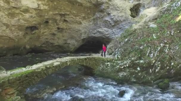 AÉRIAL : Femme et chien marchant sur un pont en pierre sur une rivière — Video