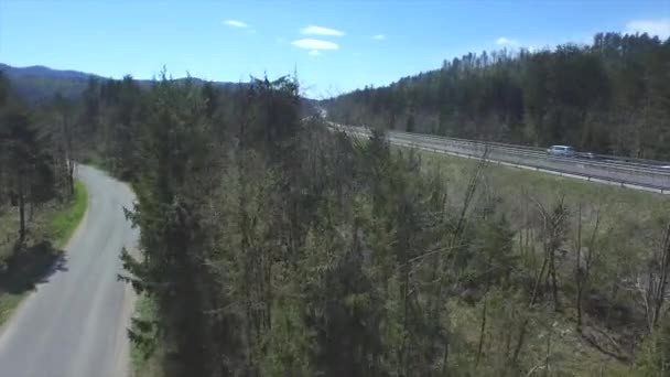 AERIAL: Estrada movimentada que atravessa a floresta — Vídeo de Stock