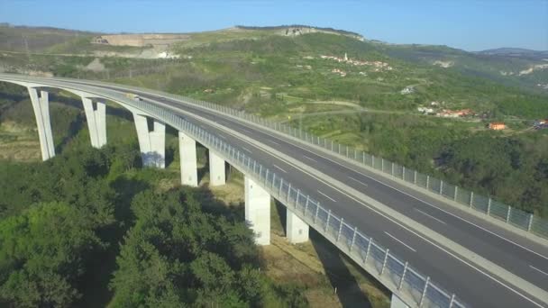 Antenne: Containerlaster transportiert Ladung auf der Viadukt-Autobahn — Stockvideo