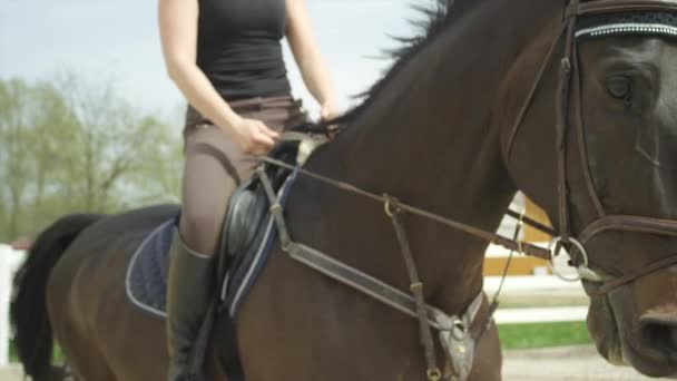 Lassú mozgás közelről: Női lovas lovaglás arénában