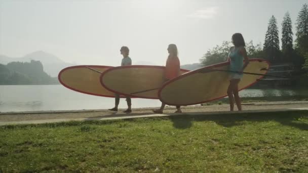 スローモーション:霧の日の出に湖のそばにサップボードを運ぶ女の子 — ストック動画