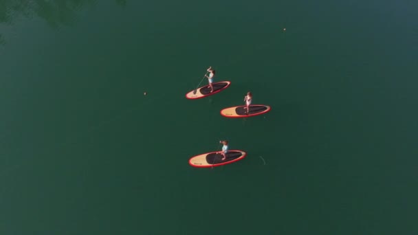 Antenn: tre tjej vänner SUP ombordstigning på vattenytan på kvällen — Stockvideo
