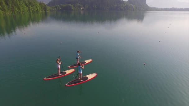공중 : 아침에 아름다운 블레드 호수에 탑승 세 여자 친구 섭 — 비디오