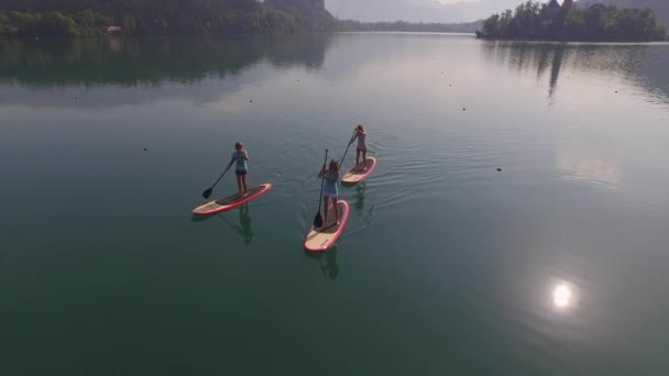 AERIAL: Mujeres jóvenes SUPing en un hermoso lago Bled en verano soleado — Vídeos de Stock