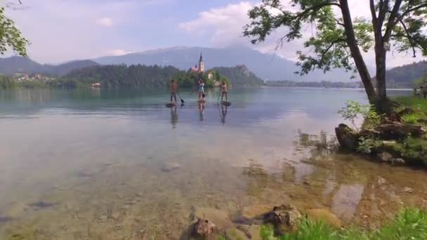 Antenne: Beim Boarding Freunde überfliegen und zur Seeinsel fliegen — Stockvideo