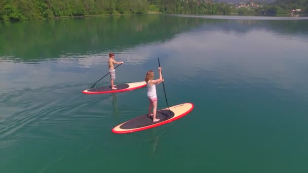 AERIAL: Flying around young couple SUP boarding on a date — Stock Video