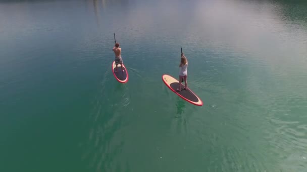 AERIAL: Girlfriend and boyfriend SUP boarding towards the lake island Bled — Stock Video