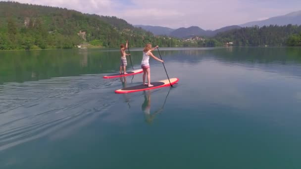AERIAL: Flying around young couple SUP boarding towards the lake island — Stock Video