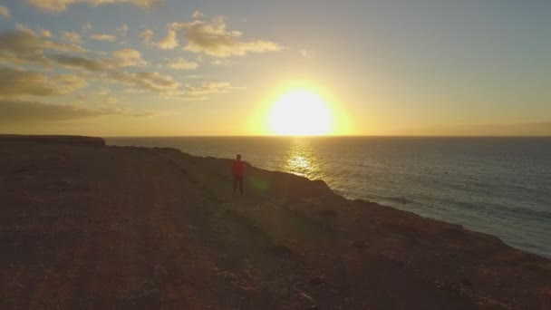 Antenn: Ung kvinna jogging på kanta av havet klippan — Stockvideo